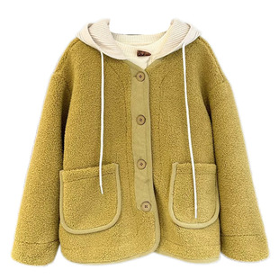 2025秋冬新款韩版连帽皮毛一体羊羔毛外套女纯色百搭休闲上衣加厚