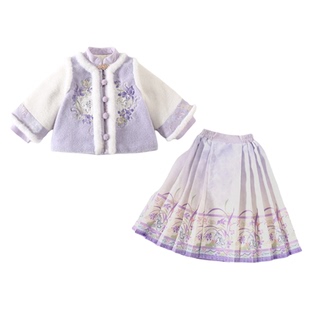 明制汉服女童冬季马面裙套装中国风儿童加绒加厚拜年服紫玉生烟