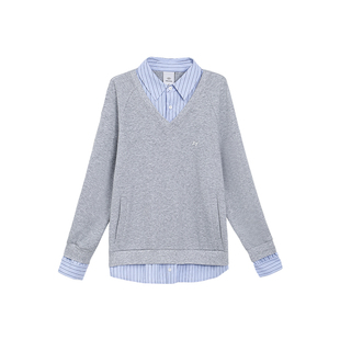 TurnSignal条纹假两件衬衫领卫衣女秋季2025新款休闲宽松长袖上衣