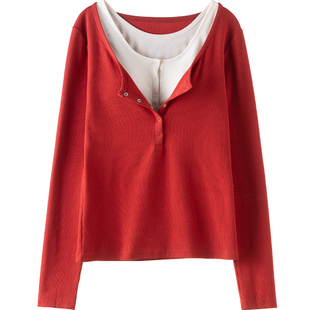 哺乳上衣外出两件套孕妇打底衫产后喂奶秋冬月子服2026新年大红色