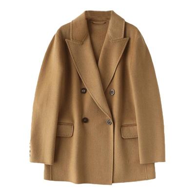 山羊绒双排扣西装短款双面呢大衣