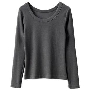 日式无印U领女士纯棉螺纹修身T恤大圆领显瘦白色打底衫长袖上衣秋