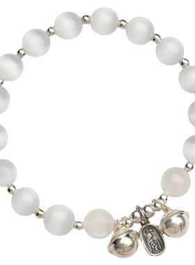 普陀山猫眼石灰月光石水晶手链纯银铃铛转运珠手串复古风送人礼物