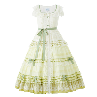 现货 塔莎的花园 青草奶绿 JSK渐变飞袖CLA段段叠叠重工森系复古