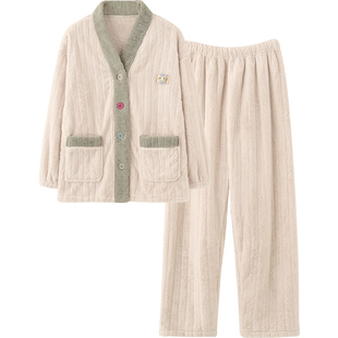 思莉太太情侣冬季睡衣女珊瑚绒加厚加绒韩系秋冬款法兰绒男士套装