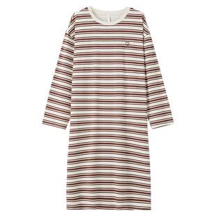 康妮雅条纹纯棉睡衣女春秋宽松长袖睡裙休闲大码宽松可外穿家居服