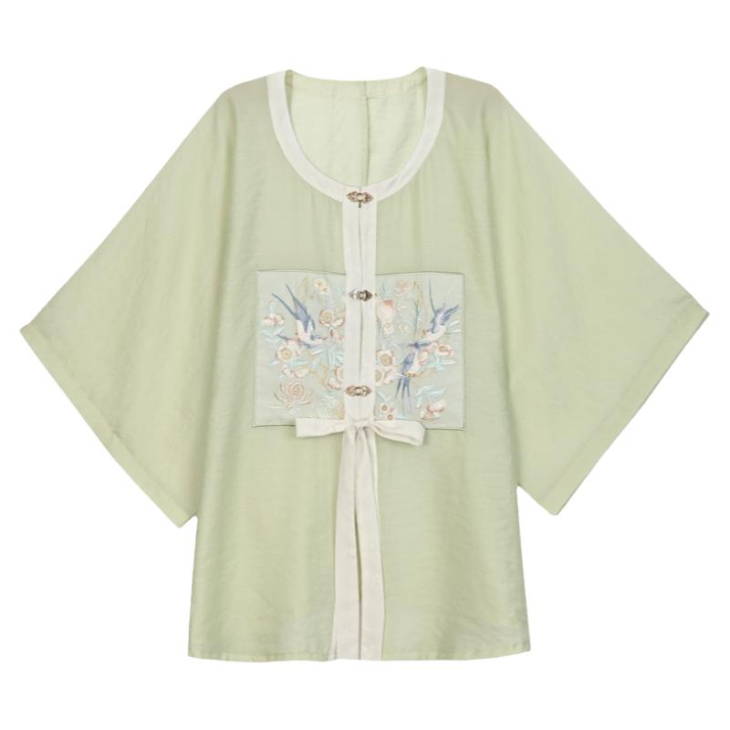 森女部落原创七分袖圆领日常古风轻薄上衣汉服套装防晒夏季子母扣