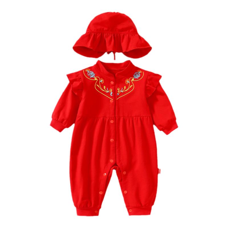 女宝百天礼服红色哈衣满月服新生儿连体衣纯棉婴儿马年周岁服春夏