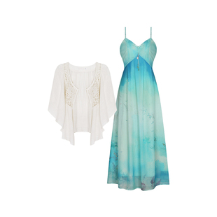 安妮不火 青溪泛玉 海岛风晕染雪纺吊带裙微胖大码度假风连衣长裙