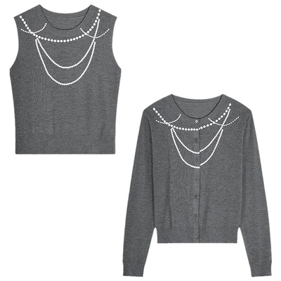 今屿花花灰色印花针织衫女早秋