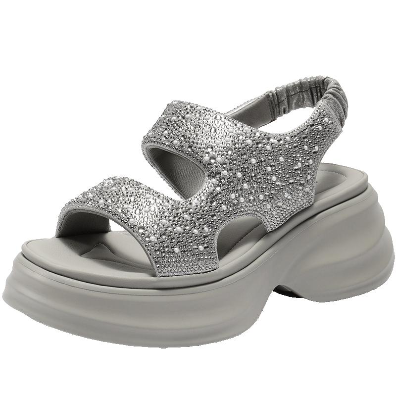 百丽休闲凉鞋女士厚底水钻法式休闲运动凉鞋增高鞋子B2727BL5