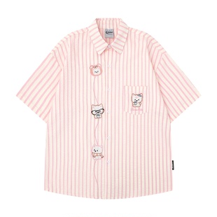 悟空有货夏季粉色条纹小猫刺绣短袖衬衫男女潮牌情侣宽松百搭衬衣