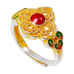 宫里上新珐琅戒指女款纯银古法足银999新中式国风三八妇女节礼物