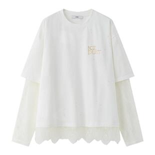 ICE DUST 2025秋季新款破洞蕾丝假两件T恤女纯色简约蕾丝拼接上衣