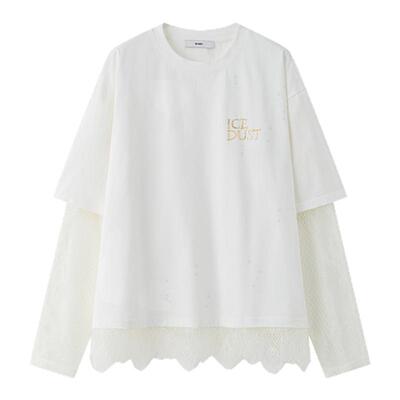ICE DUST 2025秋季新款破洞蕾丝假两件T恤女纯色简约蕾丝拼接上衣