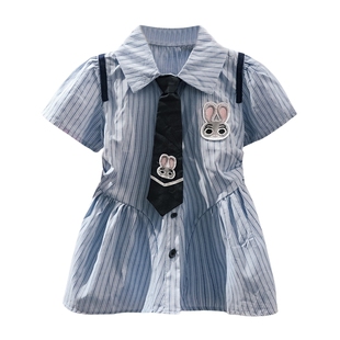 法国童装女童夏季连衣裙时髦儿童新款朱迪兔子警官短袖衬衫裙
