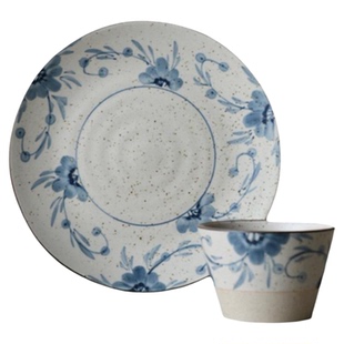 出丹麦手作粗陶青花七里香猪口杯早餐盘甜品点心碟咖啡杯高足蛋杯