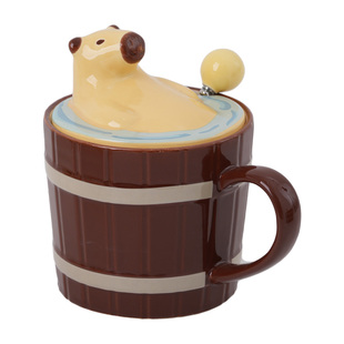 肆月可爱立体卡皮巴拉马克杯陶瓷带盖水杯家用办公室咖啡杯带勺子