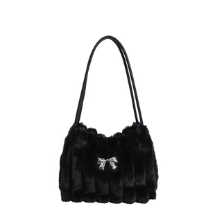 秋冬大容量毛绒单肩腋下包包女2025新潮百搭法棍蝴蝶结托特水桶包