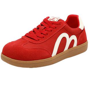 森达红色德训鞋女款复古休闲运动鞋巨好看厚底阿甘鞋超火板鞋