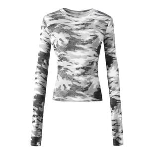 ourhour 复古迷彩 灰白圆领袖口拇指洞修身长袖T 女冬设计感上衣