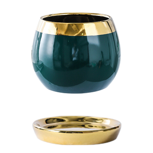 欧式陶瓷花盆北欧轻奢金边电镀祖母绿蝴蝶兰多肉绿萝吊兰家用高档