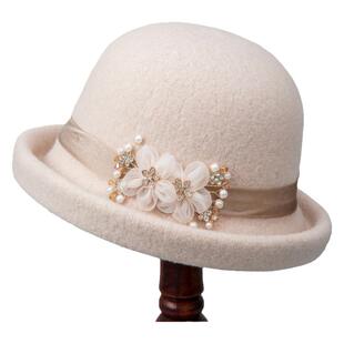 女士秋冬天礼帽羊毛呢圆顶盆帽新款百搭卷边花朵时尚妈妈渔夫帽子