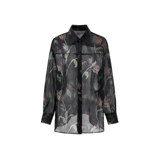 MELINDA LI【手绘花园】黑标万事利真丝欧根缎水彩郁金香印花衬衫