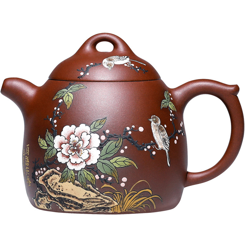 紫砂大师张小岭手工泥绘花鸟壶