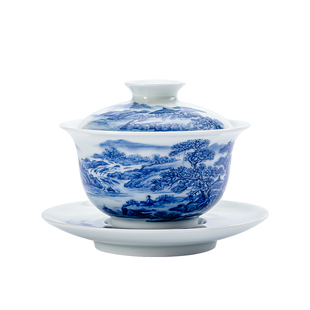诚德轩青花山水盖碗 景德镇临流抚琴陶瓷岩茶三才泡茶碗单个小号