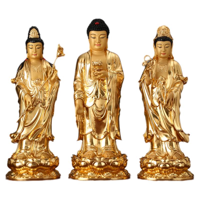 黄铜手工贴金西方三圣佛摆件客厅