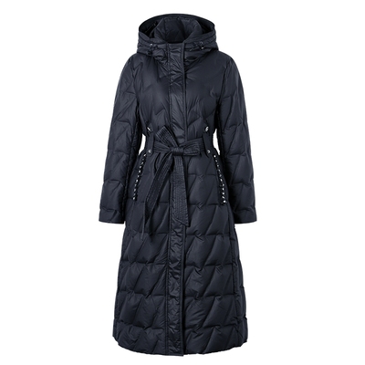 黑色菱格连帽长款羽绒服