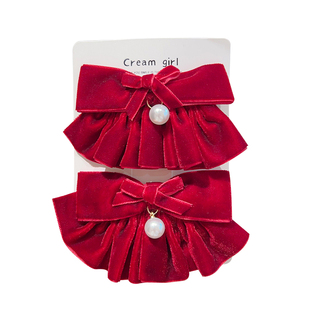 喜庆红色丝绒蝴蝶结裙摆发夹女2025新款新年甜美鸭嘴夹子发卡发饰