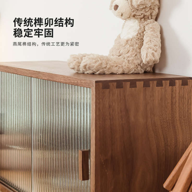 玻璃门桌面置物架中古杯茶水杯收纳盒黑胡桃实木质茶具杯子储物柜