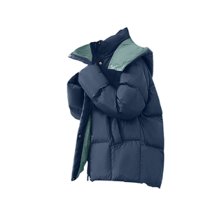 帝柔蓝绿拼色连帽短款羽绒服女2025冬季新款时尚减龄保暖外套立领