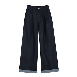 pusumede【现货7.5折】闲适漫游 高腰阔腿裤女宽松卷边休闲直筒裤