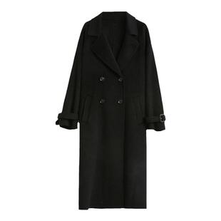 APCSHOP 24秋冬款时尚简约纯黑色典藏款翻领系带女士长款羊绒大衣