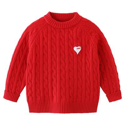 男童圆领毛衣加绒加厚红色新年装