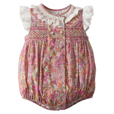 three sailors婴幼儿碎花手工打揽哈衣纯棉短袖女宝宝双排扣夏季