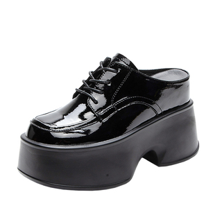 小个子内增高半拖女鞋厚底松糕鞋女夏天真皮半拖鞋一脚蹬方头皮鞋