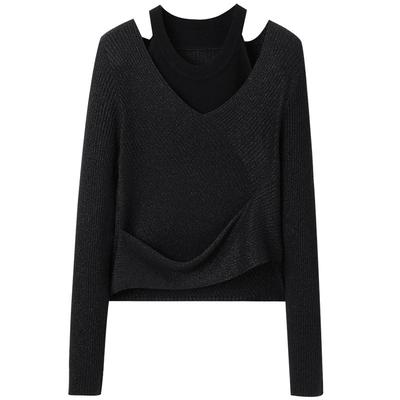 太平鸟女装2025年新款羊毛混纺露肩精致时尚假两件套衫A1EEF1217