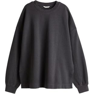 HM女装卫衣圆领轻便棉质低落肩宽松miu系长袖套衫打底衫1253858