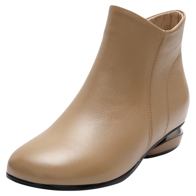 真皮小短靴女圆头软皮裸靴大码春秋单靴冬季加绒皮鞋平底妈妈棉鞋