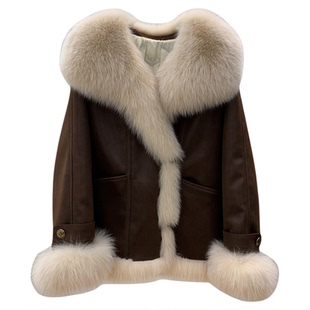 狐狸毛背毛领白鹅绒内胆2025新款韩版麂皮绒派克服冬季皮草外套女