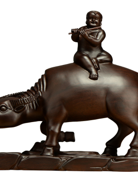 牧童骑牛客厅电视柜风水黑檀木雕