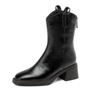 全牛皮真皮短靴女中跟加绒靴子冬季马丁靴羊皮毛一体棉鞋女士皮鞋