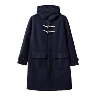 马登工装美式复古牛角扣连帽毛呢大衣学院风宽松长款外套男女秋冬