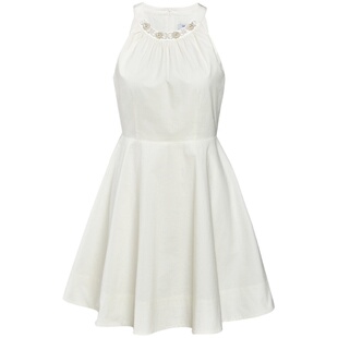 商场同款糖力 夏季气质优雅水晶珍珠装饰无袖挂脖连衣裙女小个子