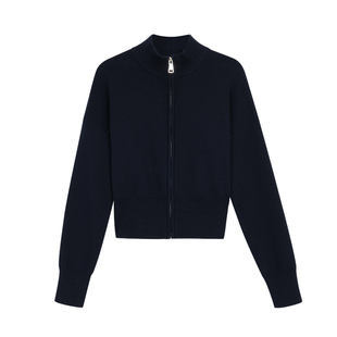 pusumede 私服专线 黑色立领长袖拉链针织开衫女气质舒适短款外套