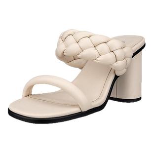 ECCO爱步女鞋拖鞋 春夏法式真皮气质粗高跟凉拖鞋 雕塑233303